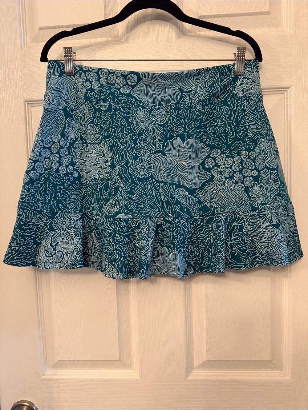 Tommy Bahama Teal Floral-Print Ruffle Golf Skort, Large